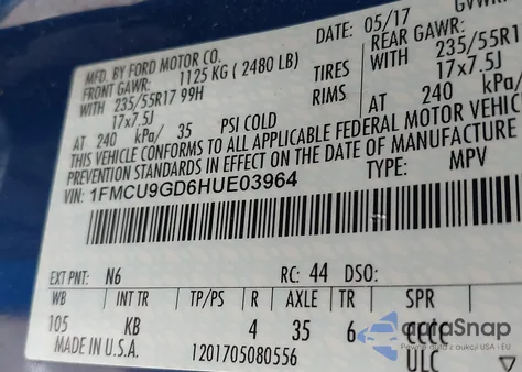 2017 Ford Escape Se из США, поврежденный, VIN 1FMCU9GD6HUE03964